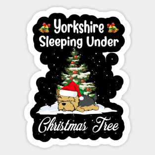 Yorkshire Terrier Sleeping Under Christmas Tree Funny Xmas Sticker